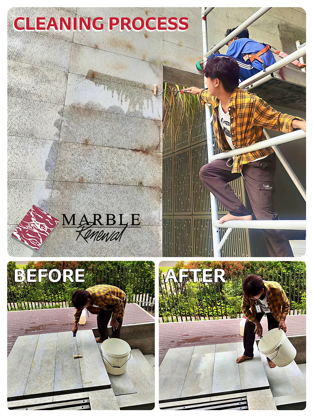 Granite wall cleaning process and outdoor stone surface restoration before and after