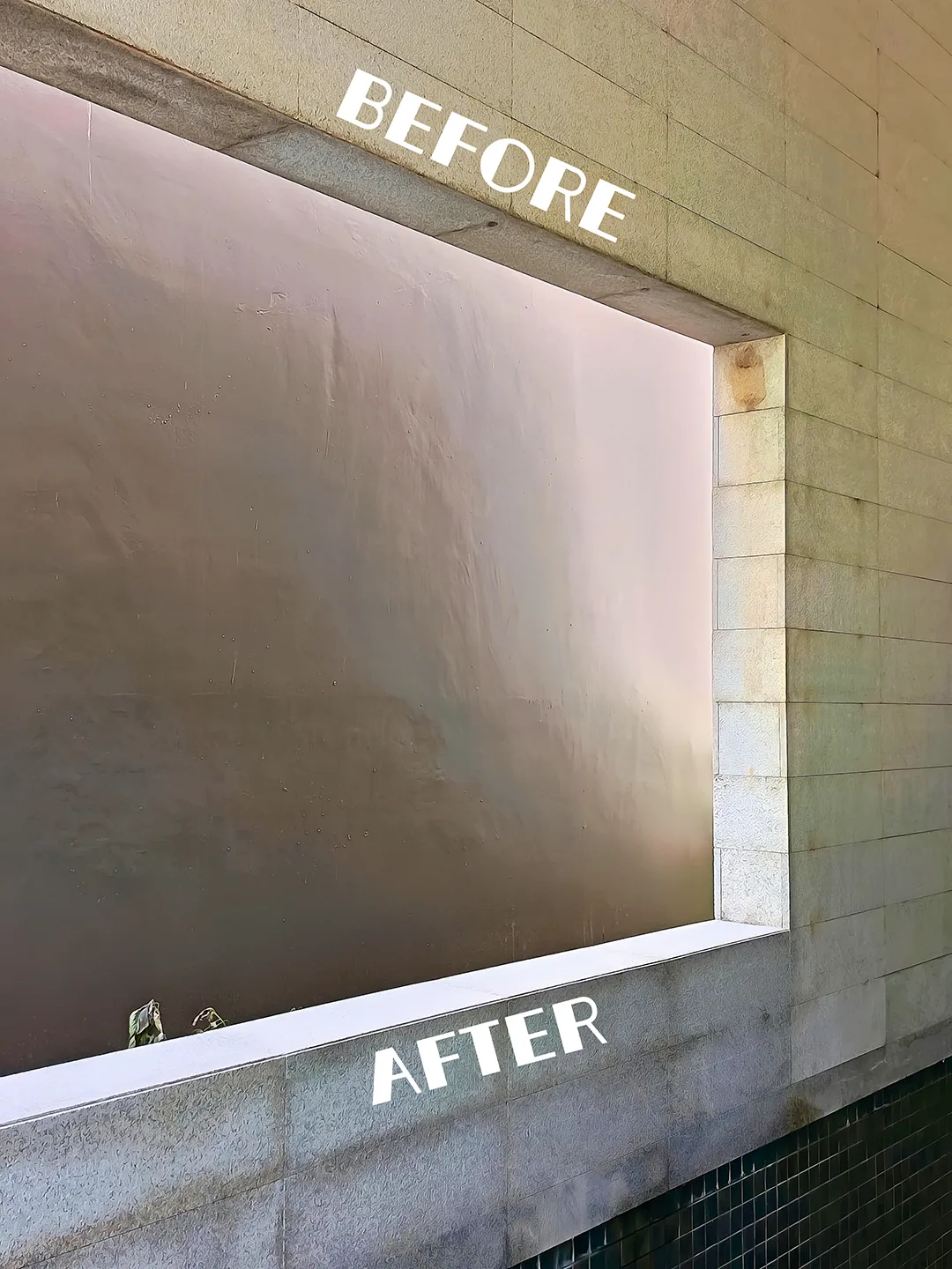 Granite wall stain removal before and after cleaning at coastal landed property in Singapore